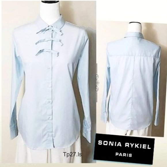 SONIA RYKIEL 100% Cotton Light Blue Pretty Triple Bow Blouse Top Button Collar - Picture 1 of 12